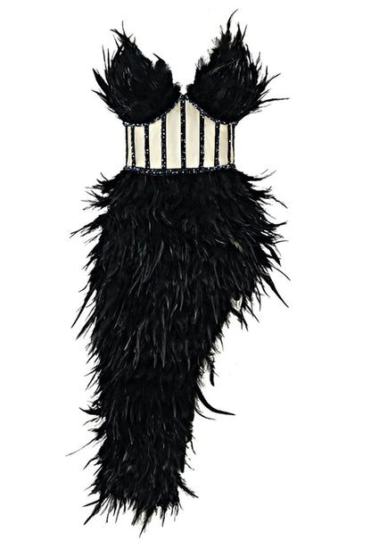 Rhinestone Strapless Sheer Corset Bodice Feather Trim Asymmetrical Hem Midi Dress