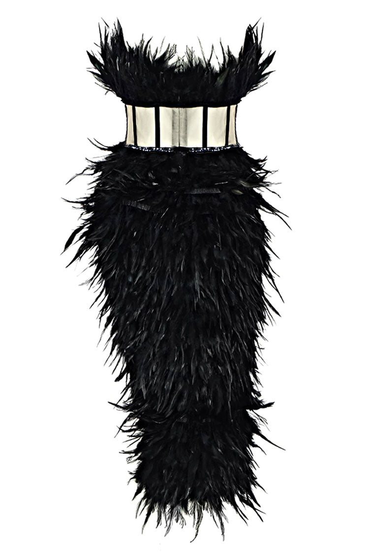 Rhinestone Strapless Sheer Corset Bodice Feather Trim Asymmetrical Hem Midi Dress