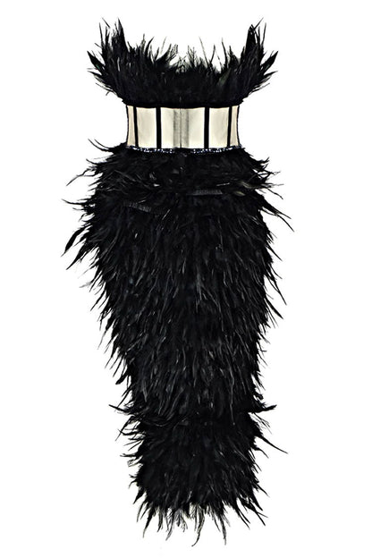 Rhinestone Strapless Sheer Corset Bodice Feather Trim Asymmetrical Hem Midi Dress