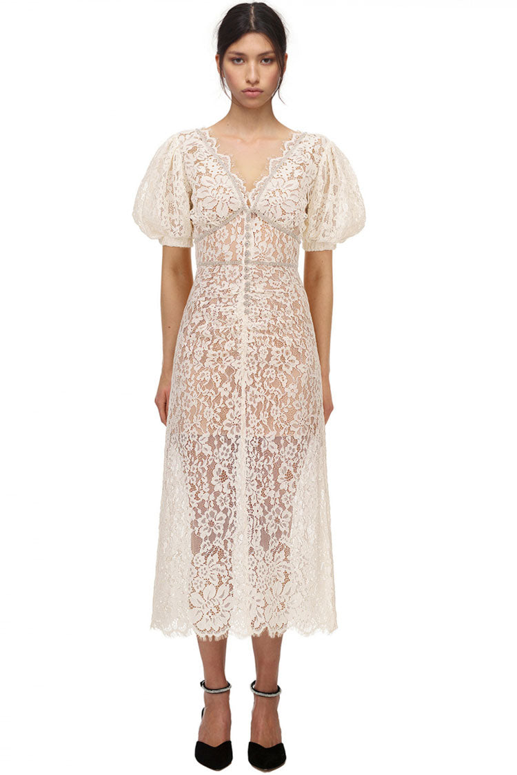 Rhinestone Embellished Lace V-Neck Puff Sleeve Cocktail Midi Dress