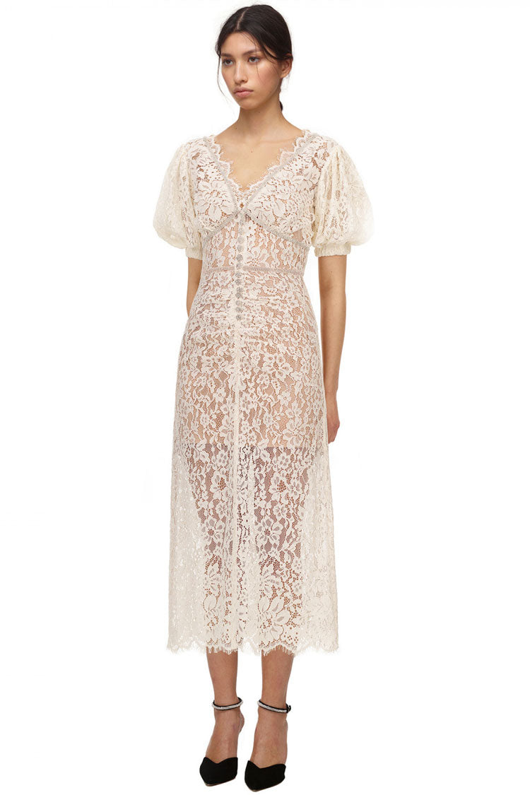 Rhinestone Embellished Lace V-Neck Puff Sleeve Cocktail Midi Dress