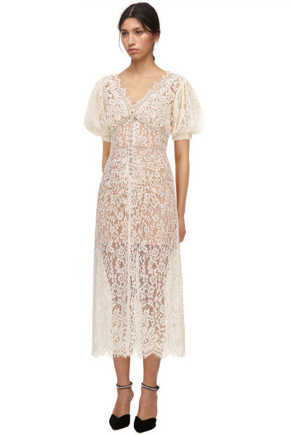 Rhinestone Embellished Lace V-Neck Puff Sleeve Cocktail Midi Dress
