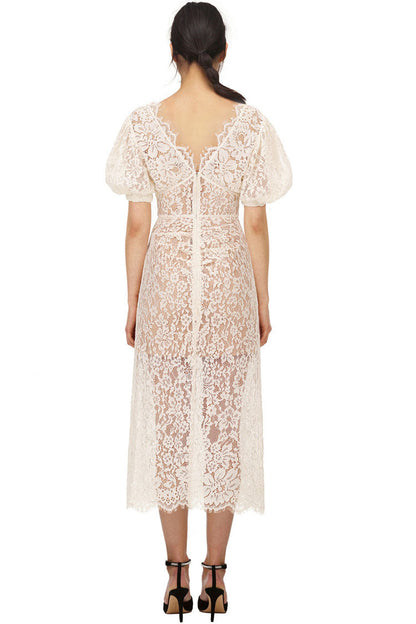 Rhinestone Embellished Lace V-Neck Puff Sleeve Cocktail Midi Dress