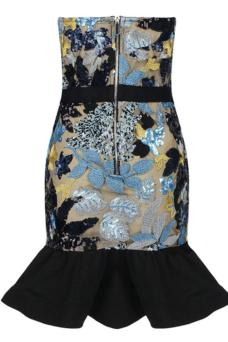 Floral Sequin Embroidery Mesh Panel Strapless Sweetheart Ruffle Hem Mini Dress
