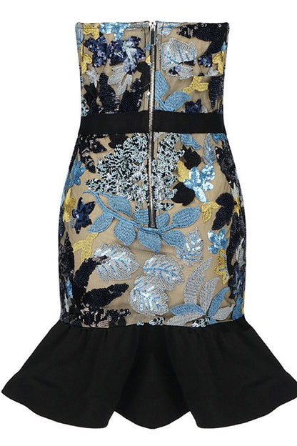 Floral Sequin Embroidery Mesh Panel Strapless Sweetheart Ruffle Hem Mini Dress