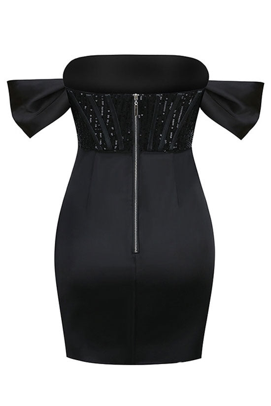Sequin Corset Bodice Draped Wrap Tulip Hem Strapless Mini Dress
