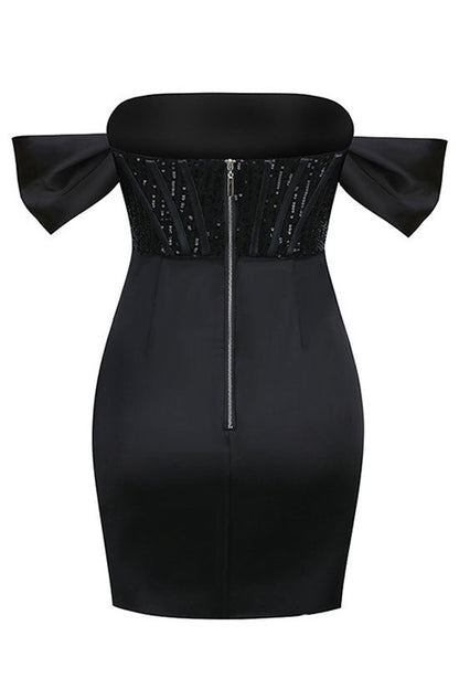 Sequin Corset Bodice Draped Wrap Tulip Hem Strapless Mini Dress