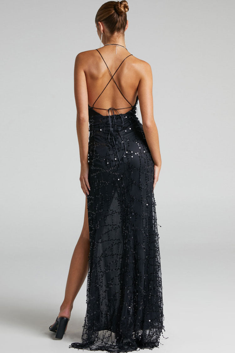 Sequin Embellished Wrap Deep V-Neck Spaghetti Strap Ruched High Slit Maxi Gown