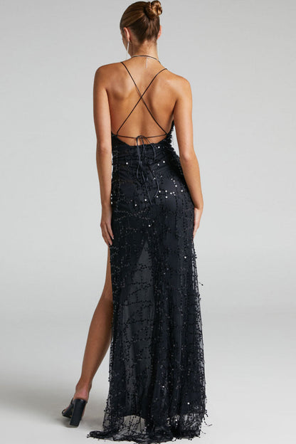 Sequin Embellished Wrap Deep V-Neck Spaghetti Strap Ruched High Slit Maxi Gown