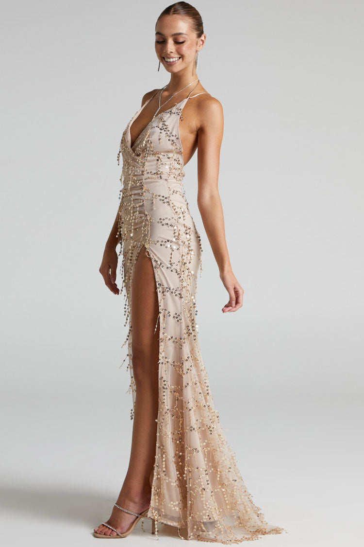 Sequin Embellished Wrap Deep V-Neck Spaghetti Strap Ruched High Slit Maxi Gown