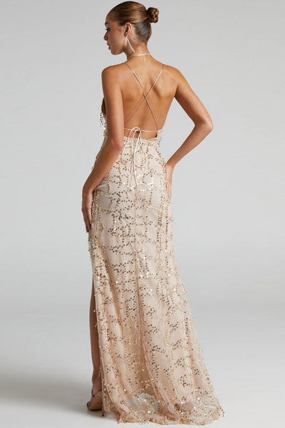 Sequin Embellished Wrap Deep V-Neck Spaghetti Strap Ruched High Slit Maxi Gown