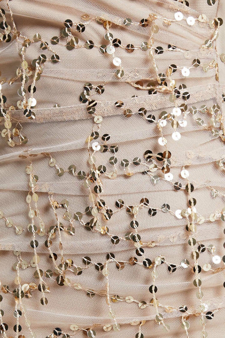 Sequin Embellished Wrap Deep V-Neck Spaghetti Strap Ruched High Slit Maxi Gown