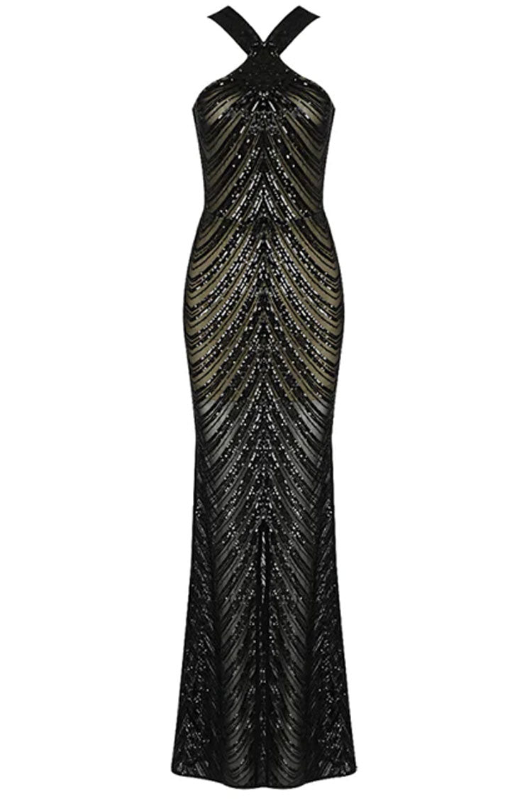 Sequin Geometric Wave Pattern Halter Neck Sheer Mesh Floor Length Gown
