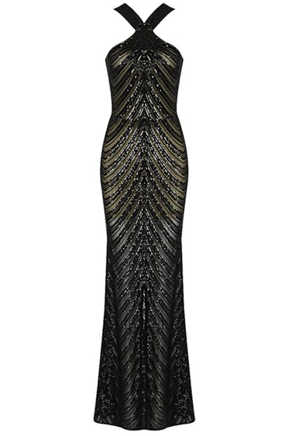 Sequin Geometric Wave Pattern Halter Neck Sheer Mesh Floor Length Gown