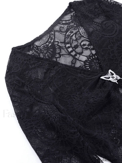 Split Lace Cropped Long Sleeve Blouse