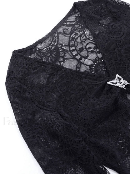 Split Lace Cropped Long Sleeve Blouse