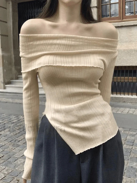 Split Off Shoulder Ribbed Knit Top