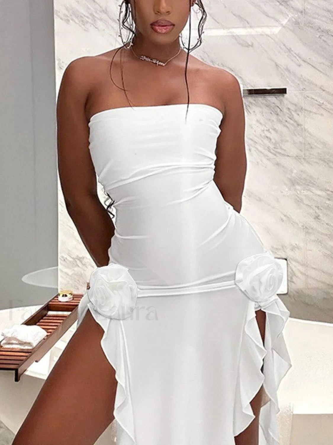 Split Ruffle Mesh Bandeau Maxi Dress