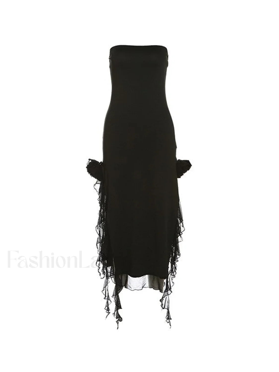 Split Ruffle Mesh Bandeau Maxi Dress
