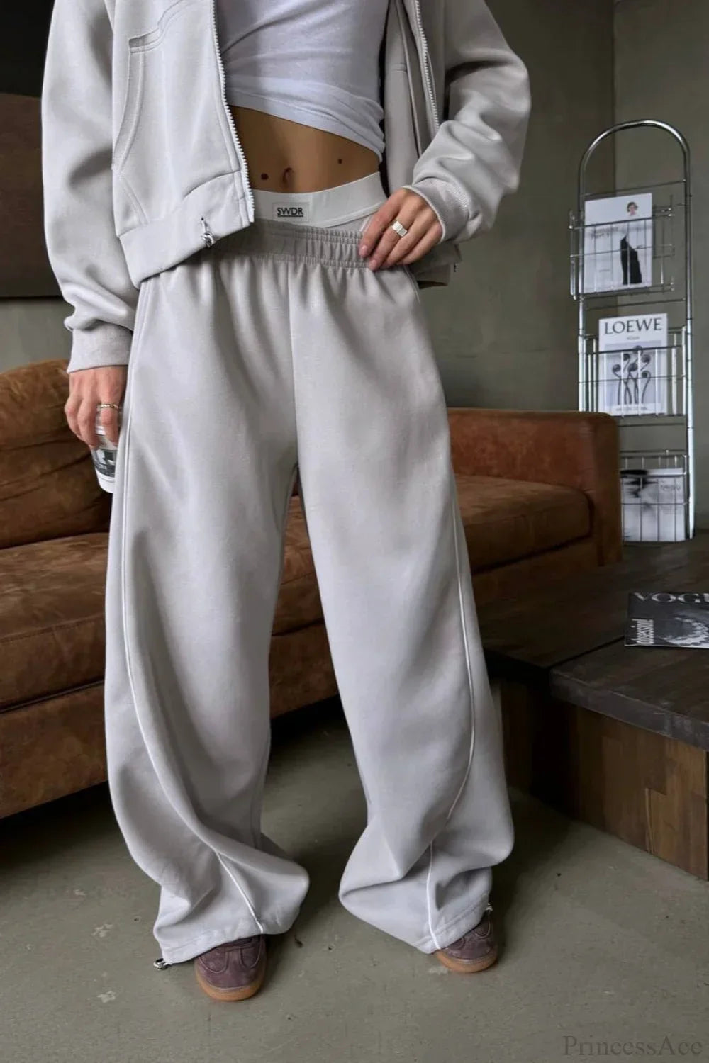 Sporty Color Block Hooded Straight-Leg Pants Two Piece Set