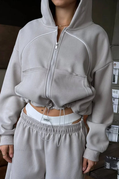 Sporty Color Block Hooded Straight-Leg Pants Two Piece Set