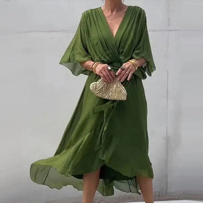 Chiffon Deep V-Neck Flutter Sleeve Tie Waist Wrap Midi Dress