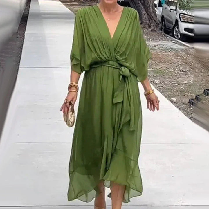 Chiffon Deep V-Neck Flutter Sleeve Tie Waist Wrap Midi Dress