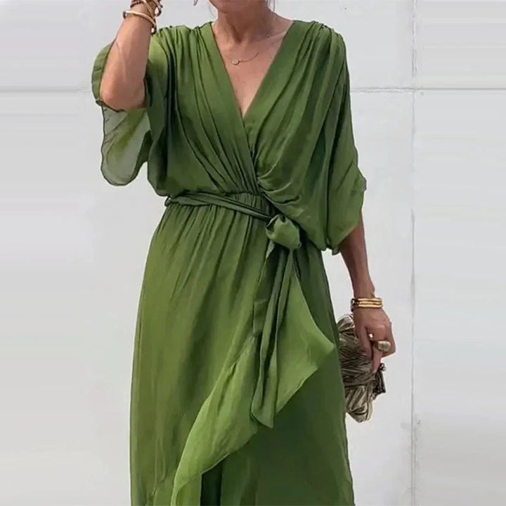 Chiffon Deep V-Neck Flutter Sleeve Tie Waist Wrap Midi Dress