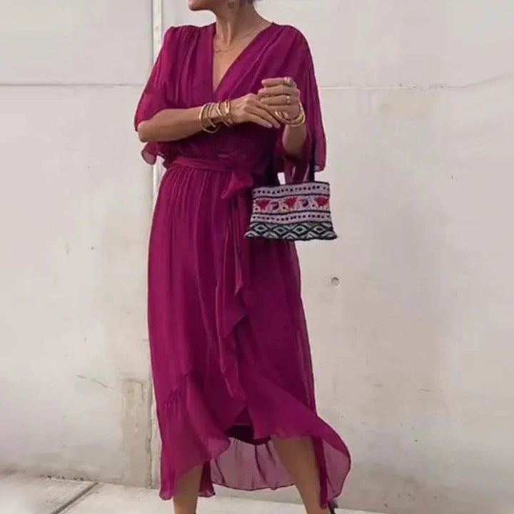 Chiffon Deep V-Neck Flutter Sleeve Tie Waist Wrap Midi Dress