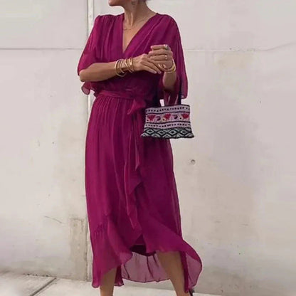 Chiffon Deep V-Neck Flutter Sleeve Tie Waist Wrap Midi Dress