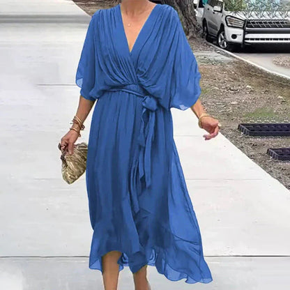 Chiffon Deep V-Neck Flutter Sleeve Tie Waist Wrap Midi Dress