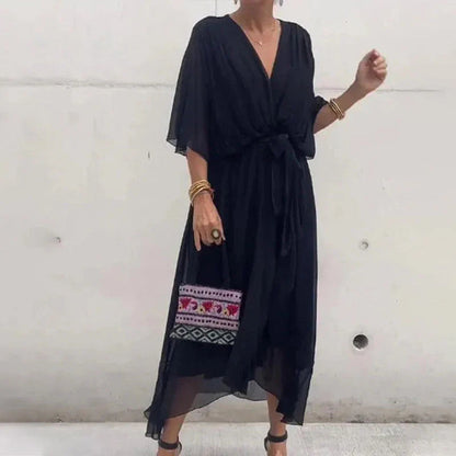 Chiffon Deep V-Neck Flutter Sleeve Tie Waist Wrap Midi Dress