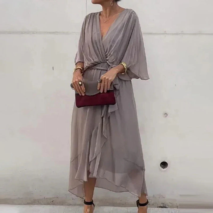 Chiffon Deep V-Neck Flutter Sleeve Tie Waist Wrap Midi Dress