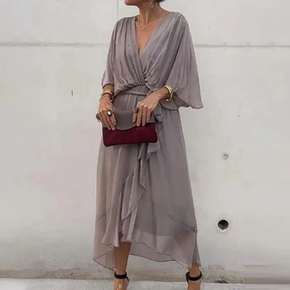 Chiffon Deep V-Neck Flutter Sleeve Tie Waist Wrap Midi Dress