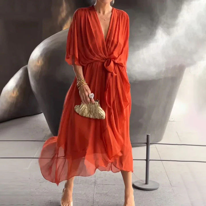 Chiffon Deep V-Neck Flutter Sleeve Tie Waist Wrap Midi Dress