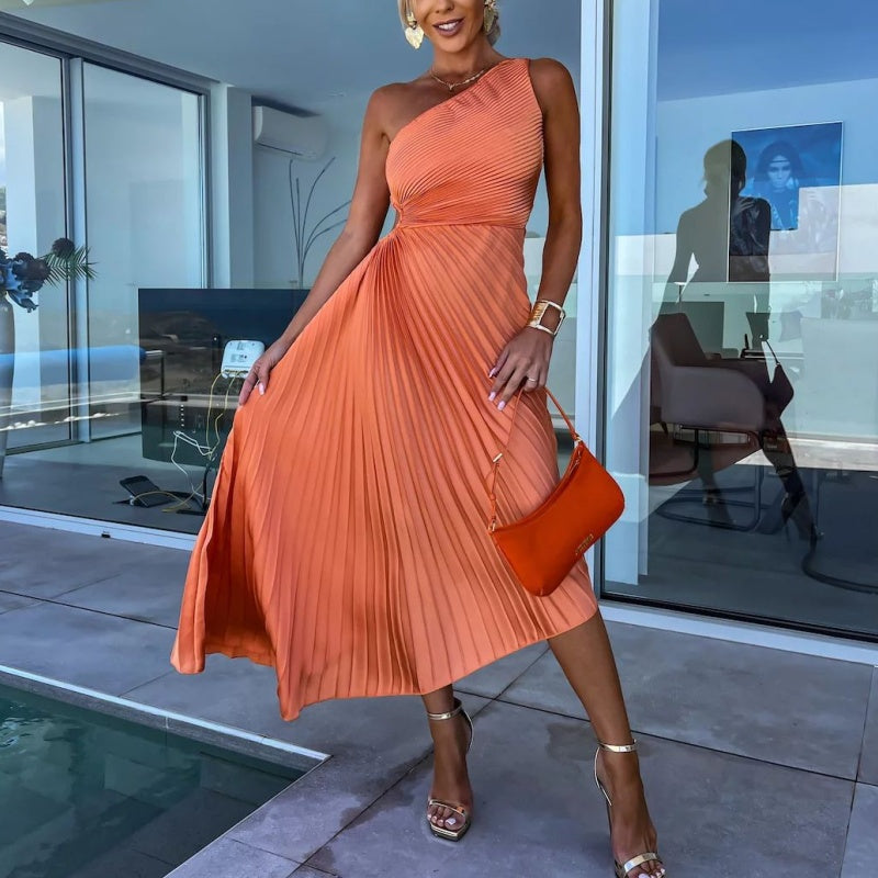 One Shoulder Pleated Side Cut Out Asymmetrical Hem Midi Dress