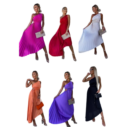 One Shoulder Pleated Side Cut Out Asymmetrical Hem Midi Dress