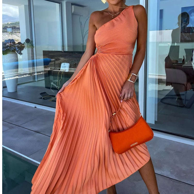 One-Shoulder Accordion Pleat Waist Cutout Handkerchief Hem Maxi Dress