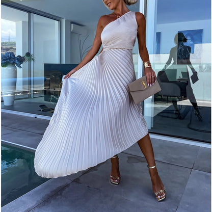 One Shoulder Ruched Pleated Waist Cut Out Asymmetrical Hem Maxi Dress
