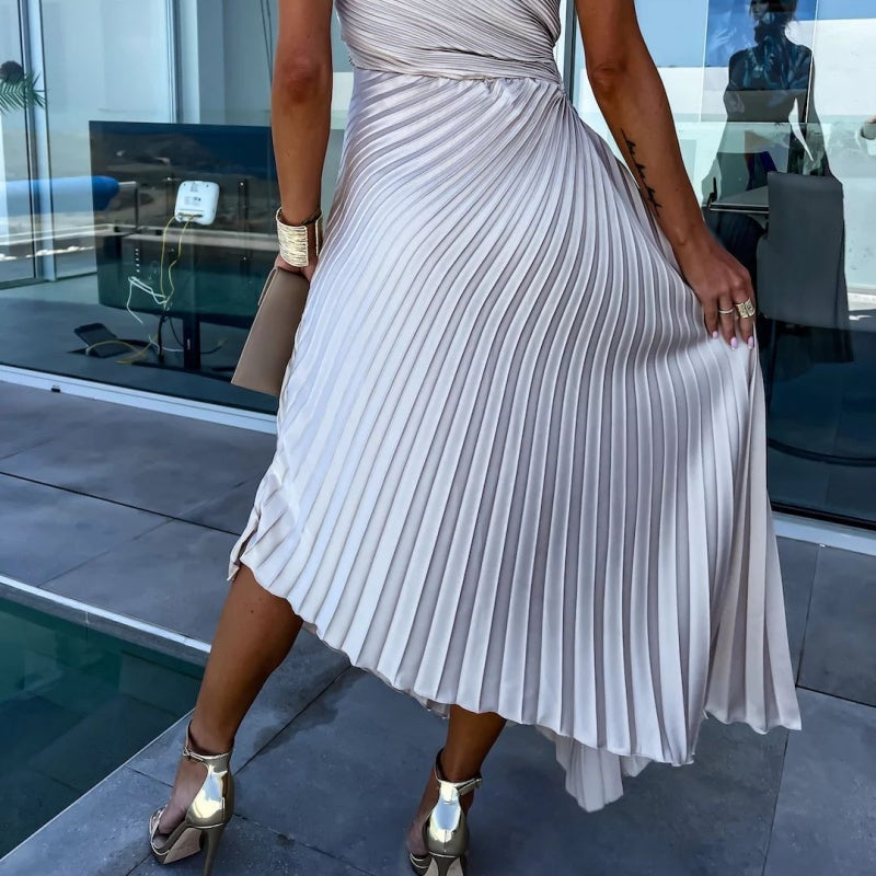 One Shoulder Pleated Side Cut Out Asymmetrical Hem Midi Dress