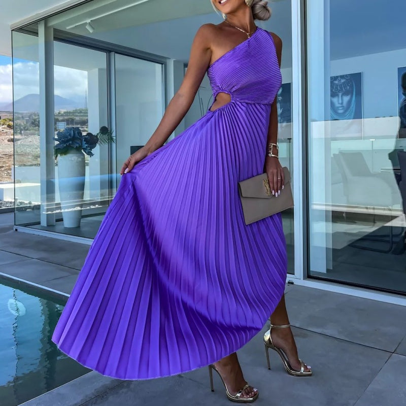 One-Shoulder Sunray Pleat Side Cutout Asymmetric Hem Floor-Length Maxi Dress