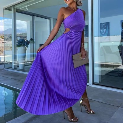 One-Shoulder Sunray Pleat Side Cutout Asymmetric Hem Floor-Length Maxi Dress