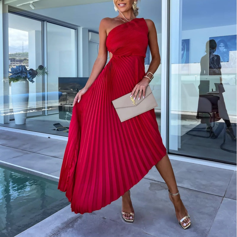 One-Shoulder Sunray Pleat Side Cutout Asymmetric Hem Floor-Length Maxi Dress
