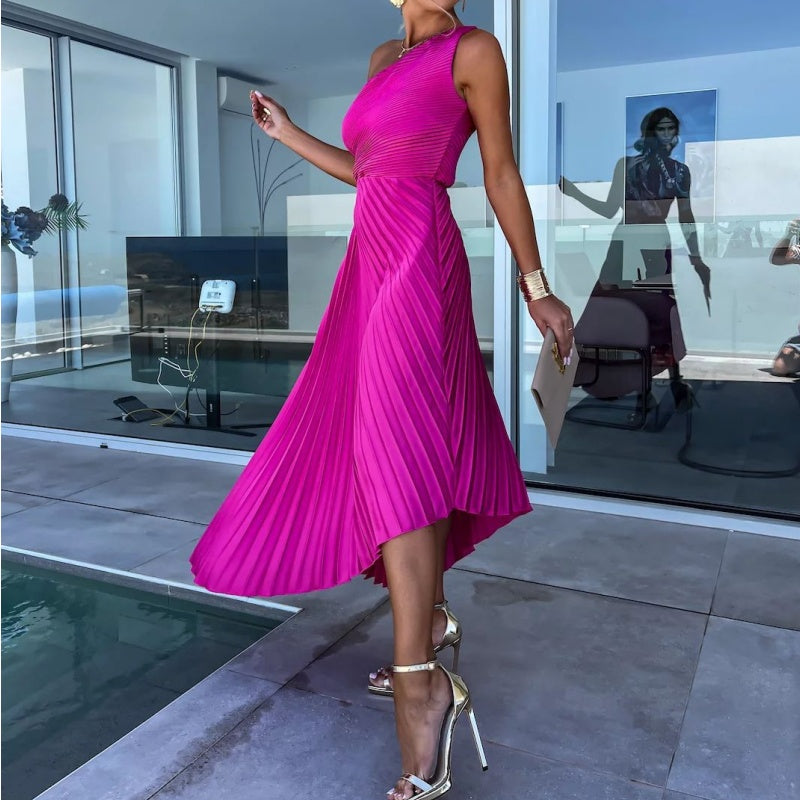 One Shoulder Ruched Pleated Waist Cut Out Asymmetrical Hem Maxi Dress