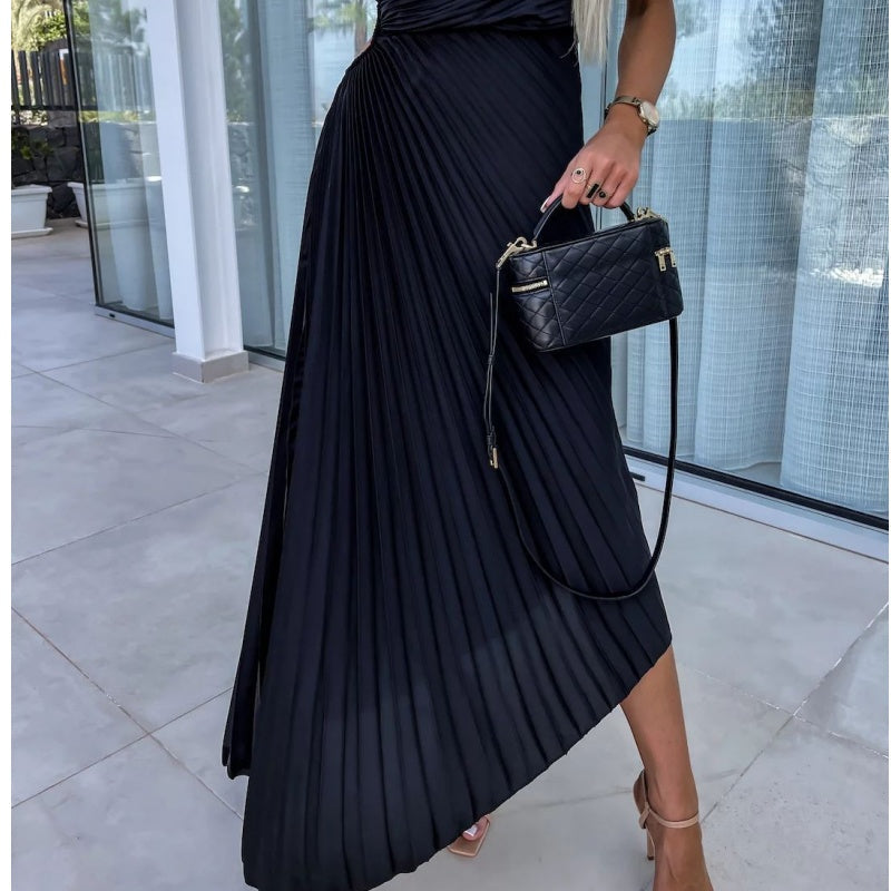 One-Shoulder Sunray Pleat Side Cutout Asymmetric Hem Floor-Length Maxi Dress
