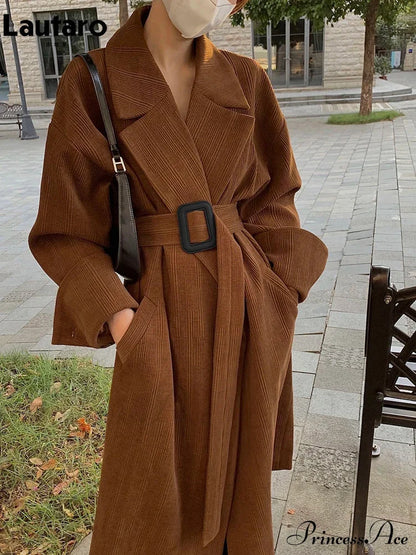 Spring Autumn Long Brown Black Striped Oversized Luxury Designer Runway Fashion Stylish Coat