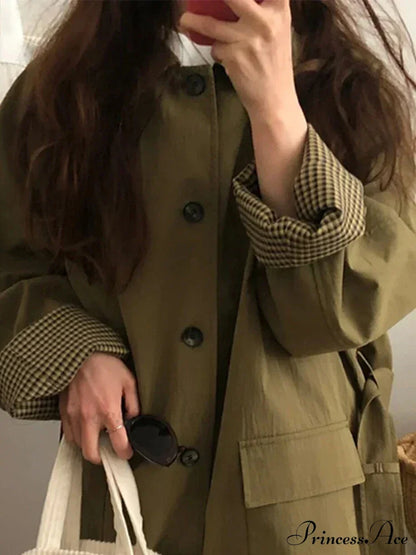 Spring Autumn Long Loose Casual Chic Turn-down Collar Pockets Single Breasted Korean Fashion Stylish Coat