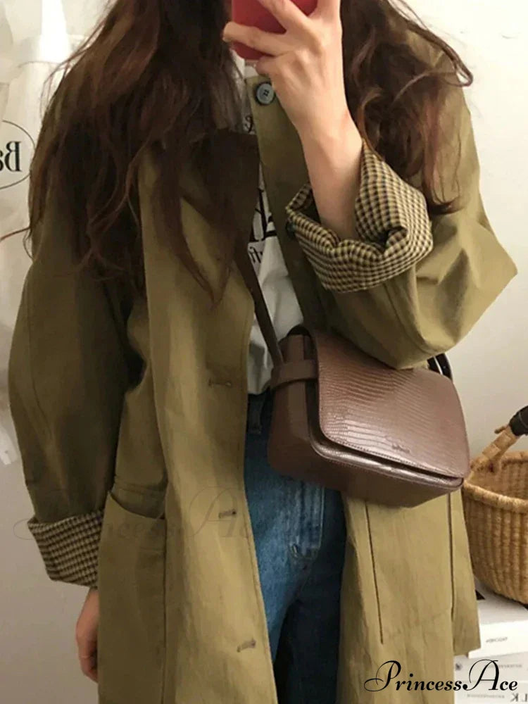 Spring Autumn Long Loose Casual Chic Turn-down Collar Pockets Single Breasted Korean Fashion Stylish Coat