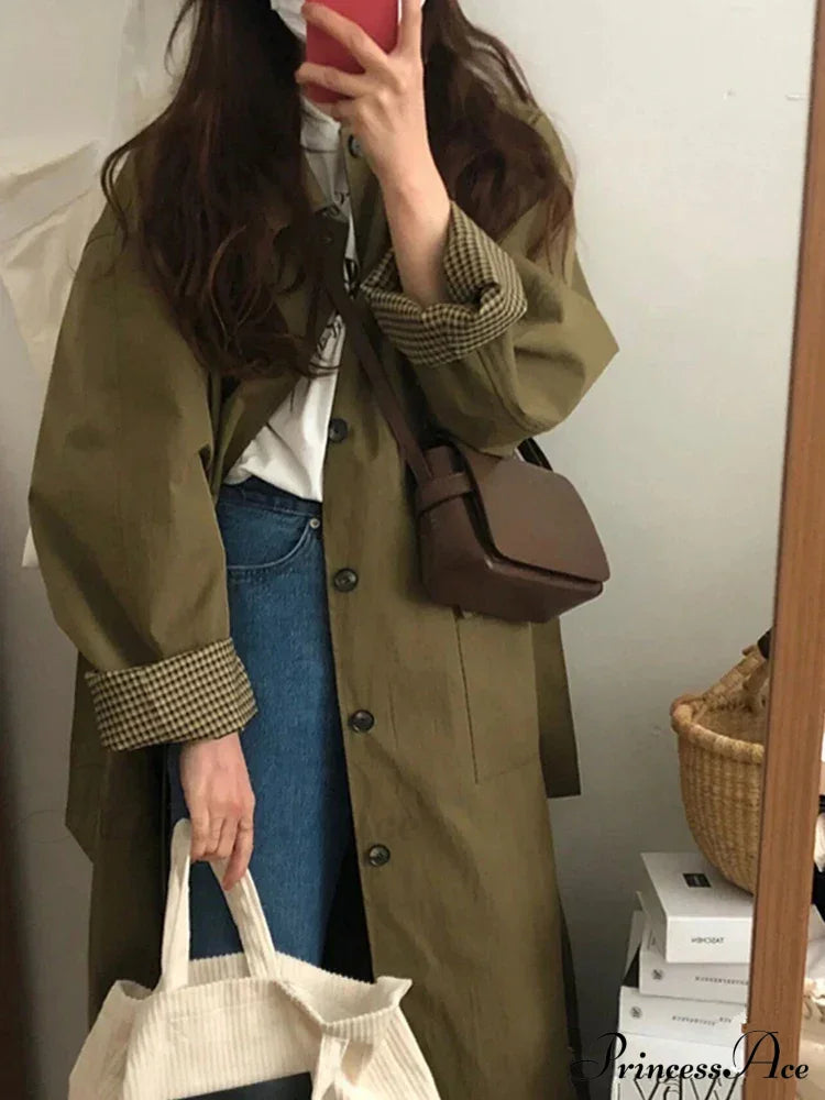 Spring Autumn Long Loose Casual Chic Turn-down Collar Pockets Single Breasted Korean Fashion Stylish Coat
