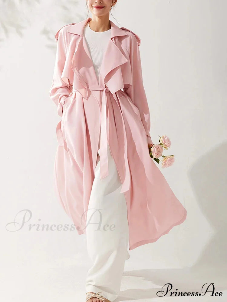 Spring Autumn Long Sweet Thin Flowy Pink Sashes High Quality Luxury Designer Stylish Coat